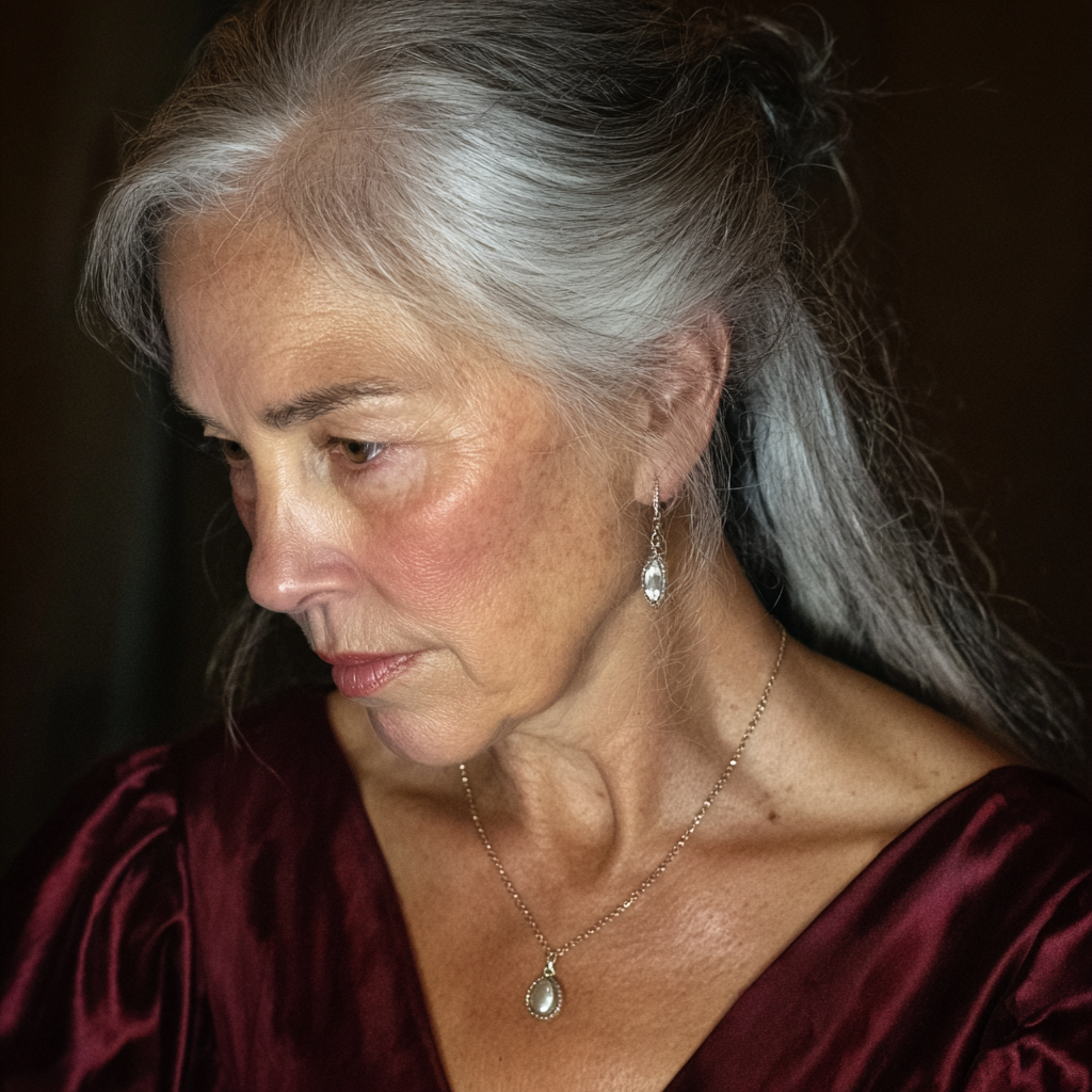 A pensive older woman in a maroon dress | Source: Midjourney