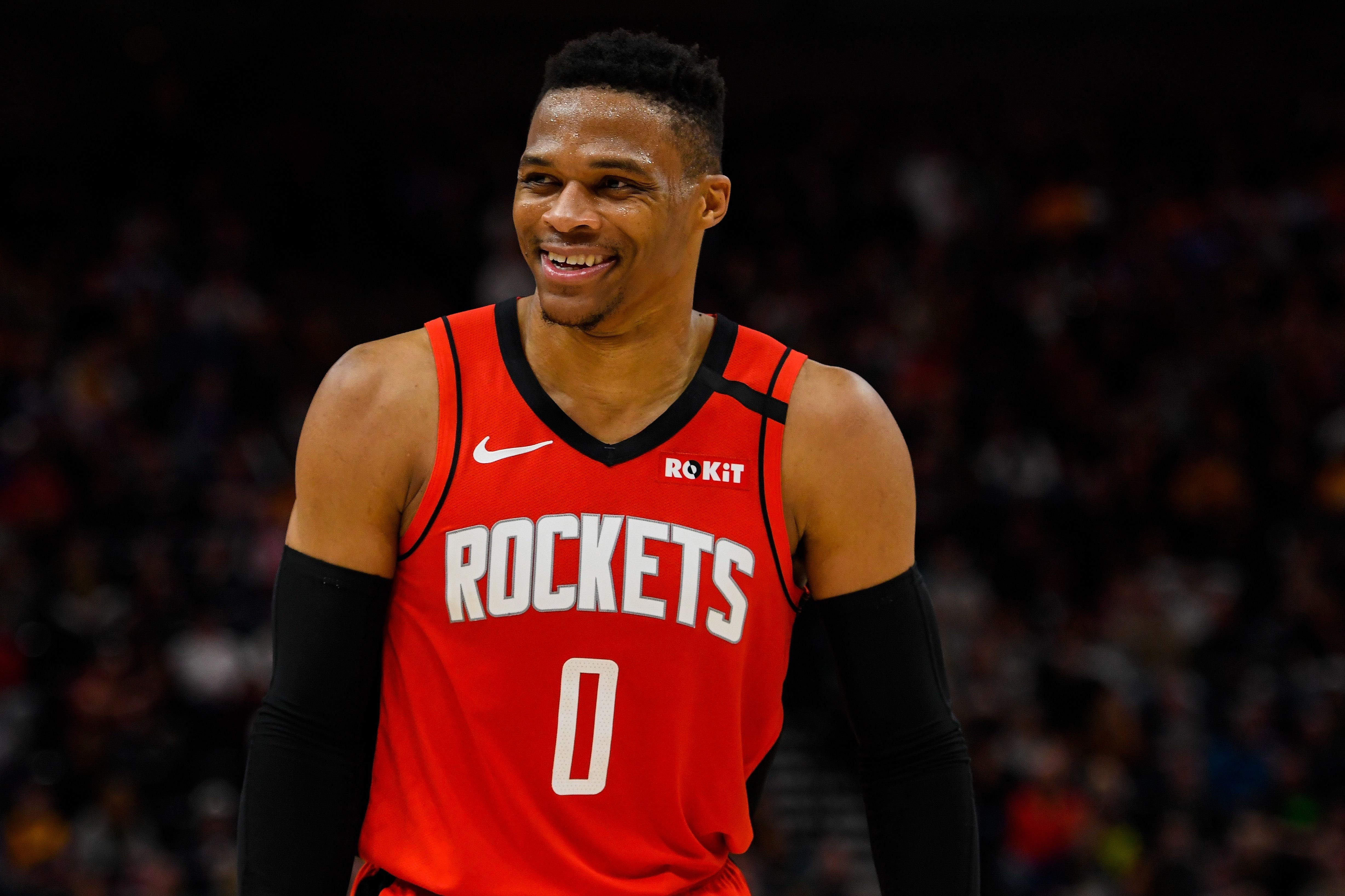 Russell Westbrook #0 of the Houston Rockets looks on during a game against the Utah Jazz at Vivint Smart Home Arena on February 22, 2020 in Salt Lake City, Utah. | Source: Getty Images