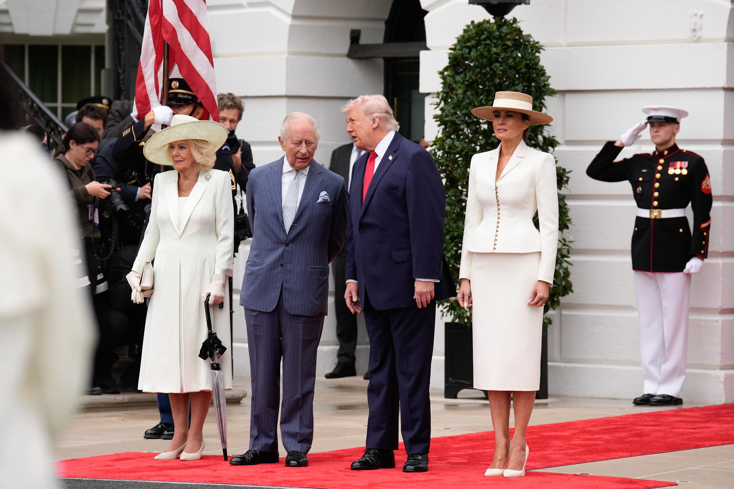 King Charles III and Queen Camilla are greeted by U.S. President Donald Trump and First Lady Melania Trump on Tuesday, April 28, 2026 at the White House in Washington. | Source: Getty Images