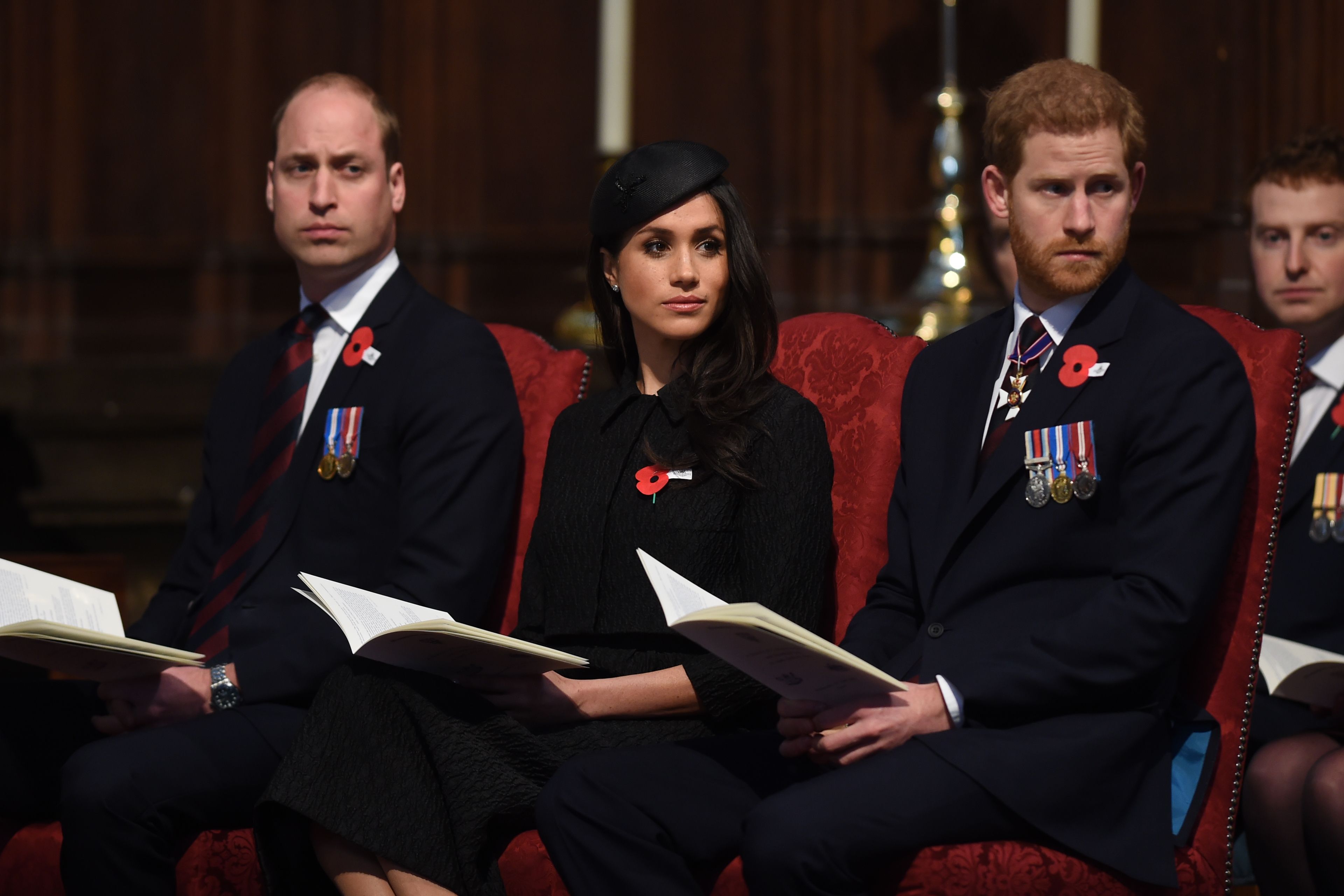 Prince William, Duke of Cambridge, Meghan Markle and Prince Harry attend an Anzac Day service at Westminster Abbey on April 25, 2018 in London, England. | Source: Getty Images