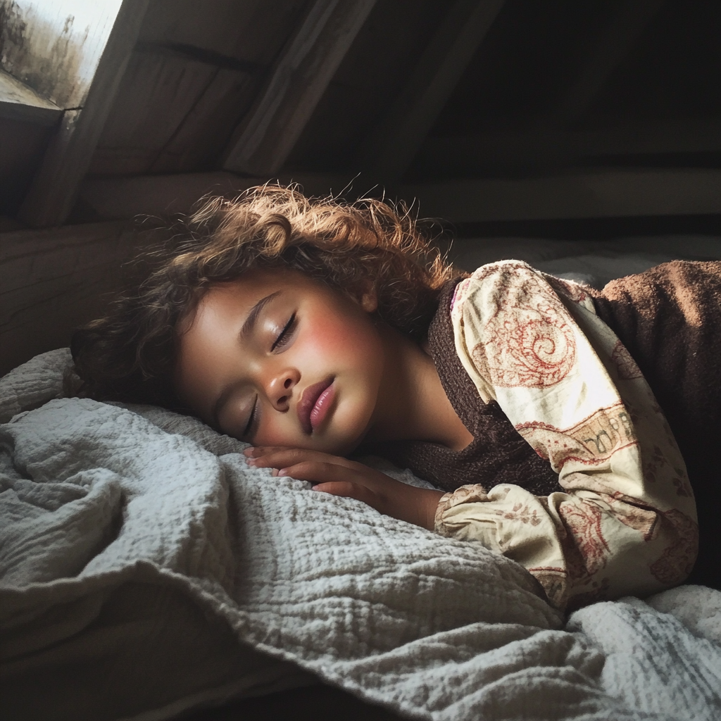 A little girl sleeping on a blanket in an attic | Source: Midjourney