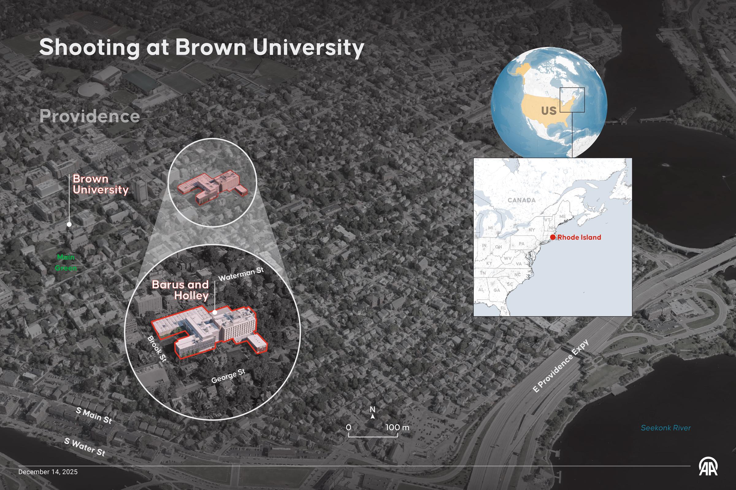 Infographic titled "Shooting at Brown University" created on December 14, 2025, in Ankara, Turkiye | Source: Getty Images