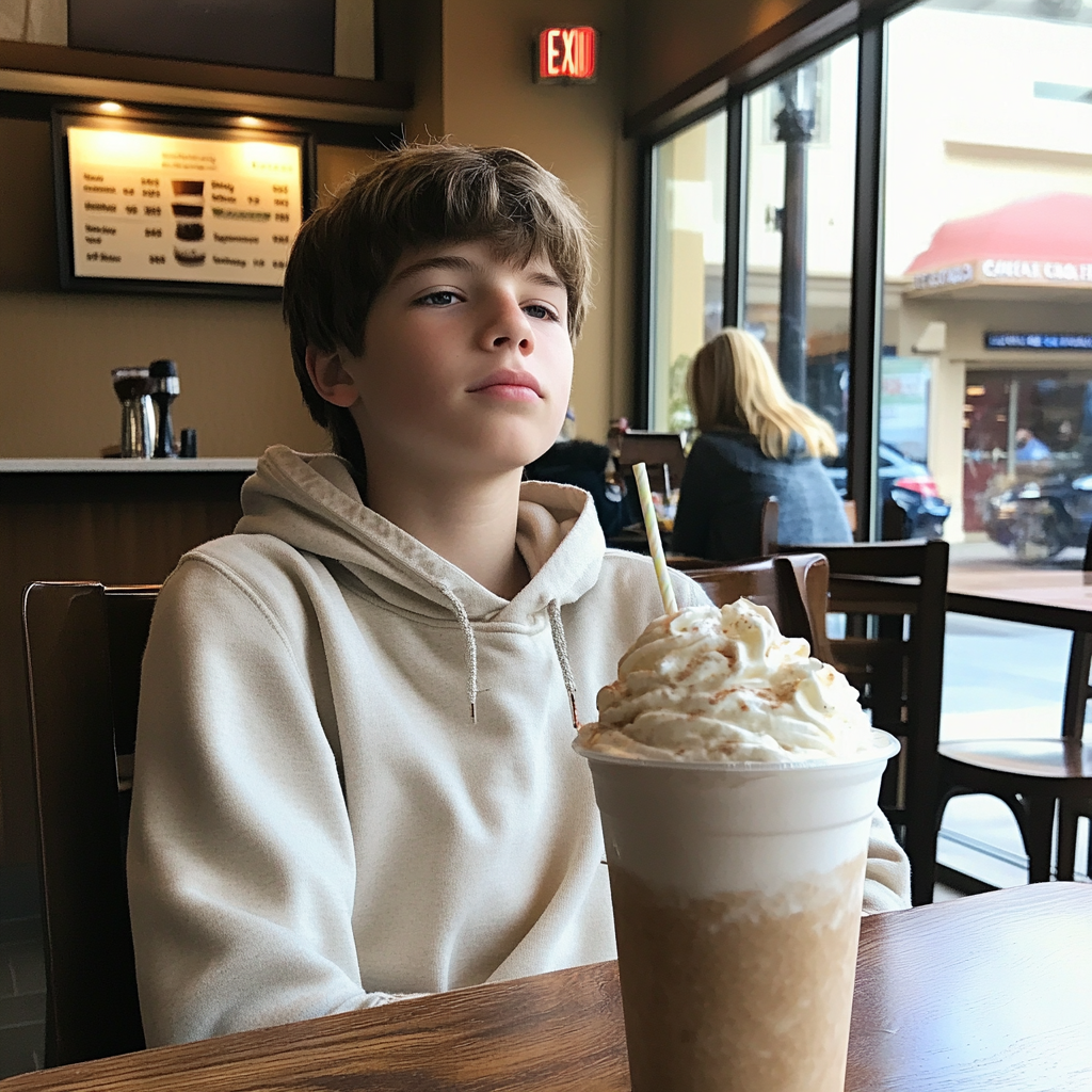 A boy sitting at a coffee shop | Source: Midjourney