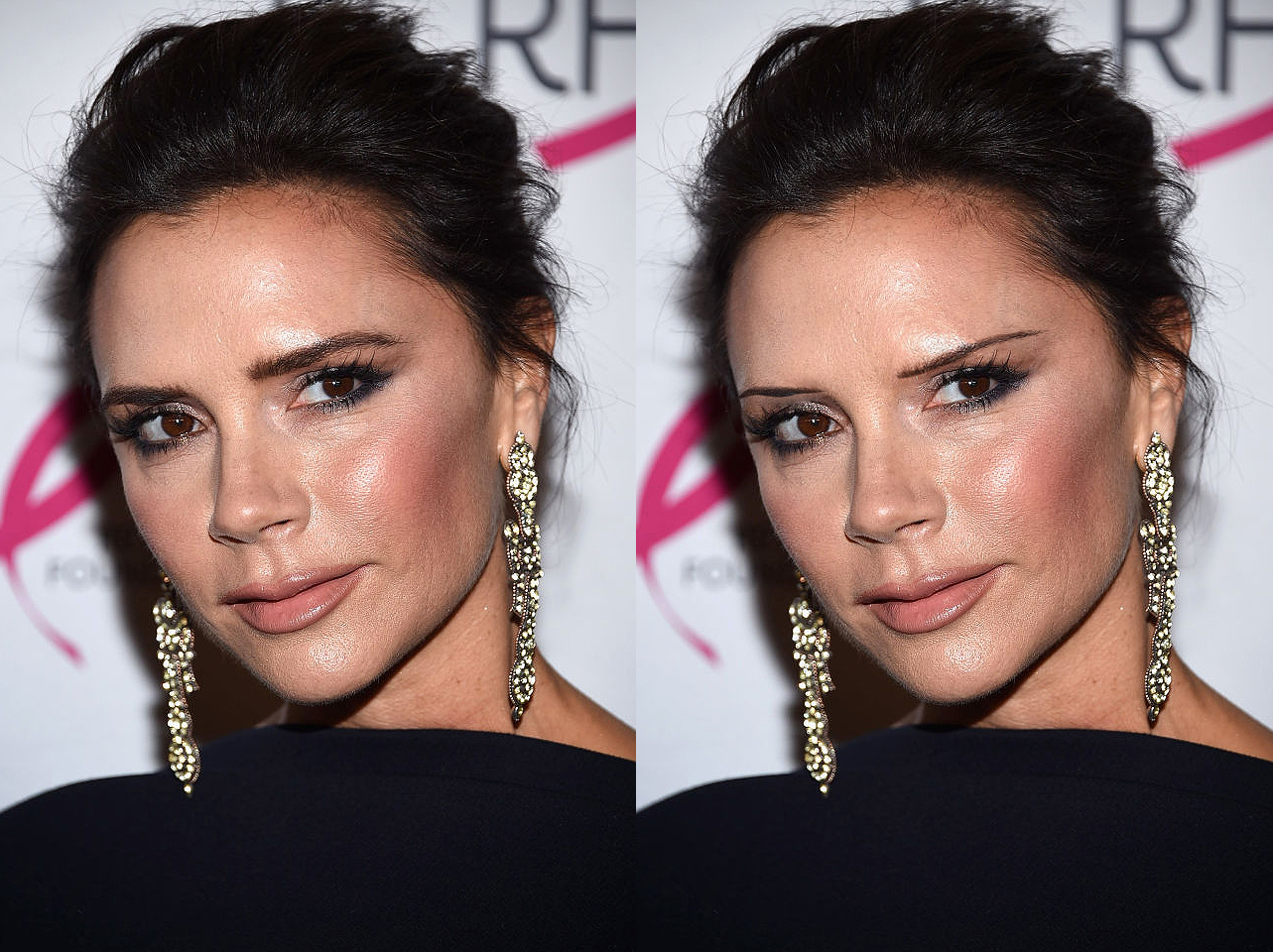 Victoria Beckham's signature brows from 2017 vs a digitally edited thin-brow look | Source: Getty Images