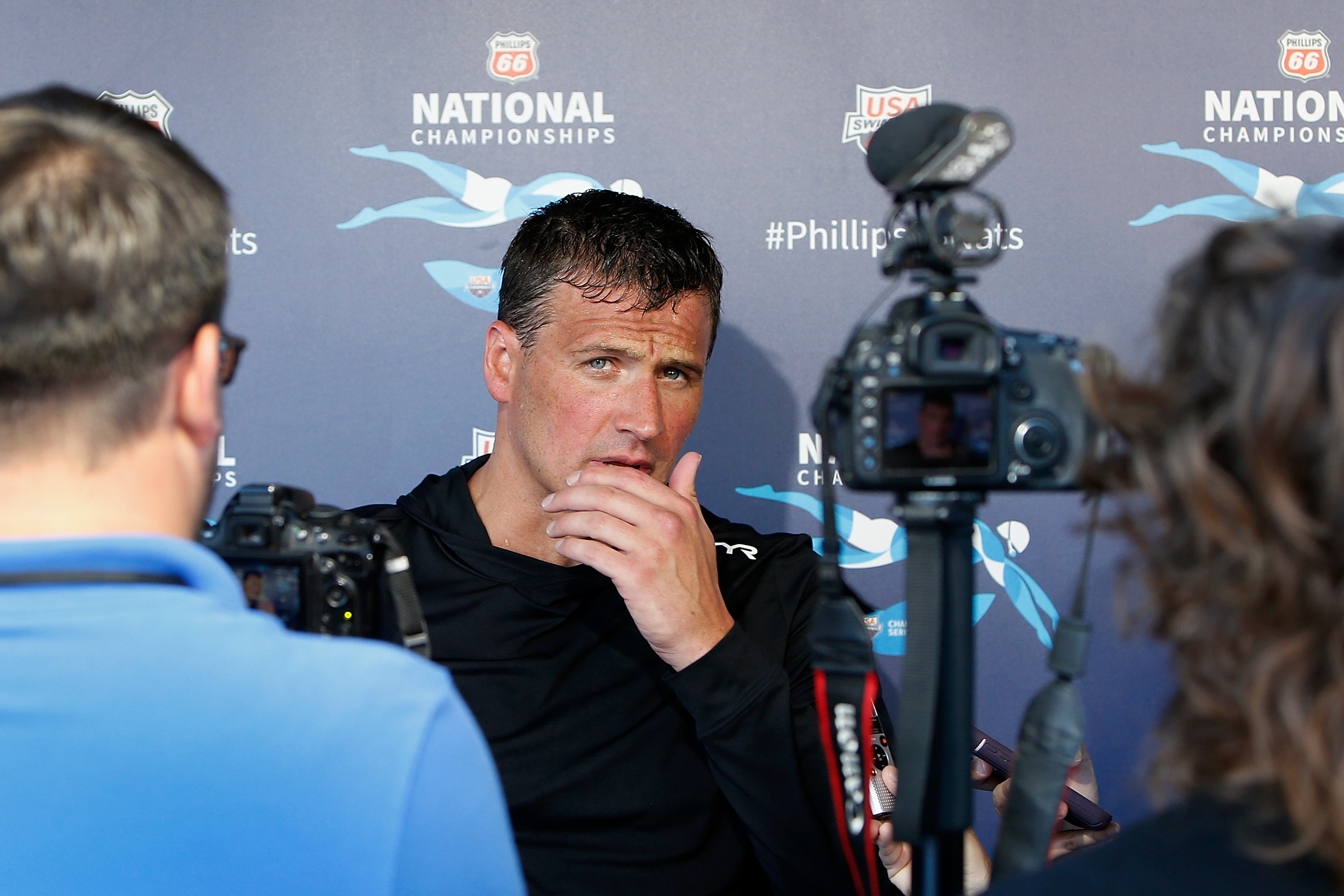 Ryan Lochte speaks to the media after winning the Men's 200m Individual Medley during the Phillips 66 National Championships in Stanford, California, on August 4, 2019. | Source: Getty Images