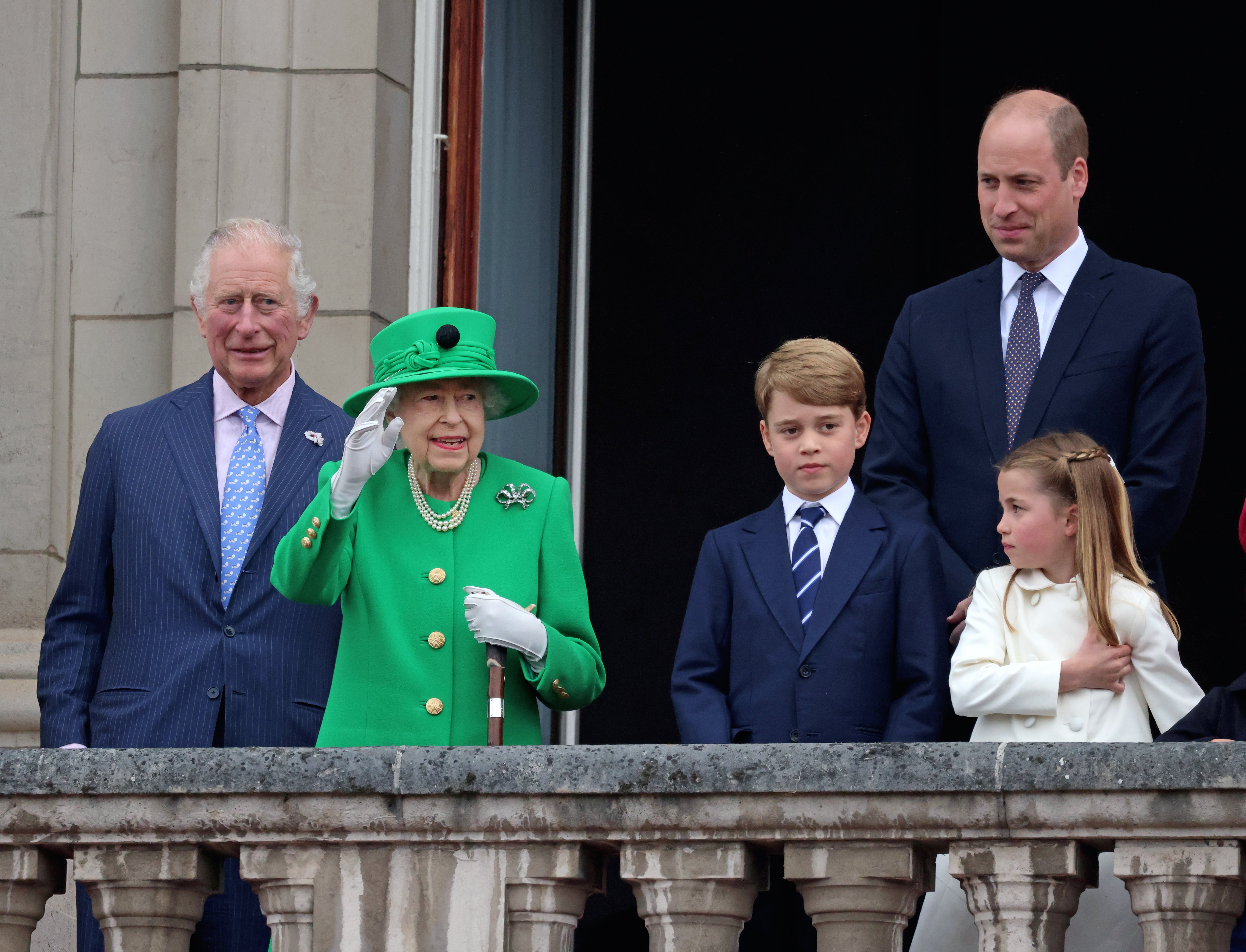 King Charles, Queen Elizabeth II, Prince George of Cambridge, Prince William and Princess Charlotte of Cambridge stand on the balcony of Buckingham Palace during the Platinum Pageant on June 05, 2022 in London, England. | Source: Getty Images