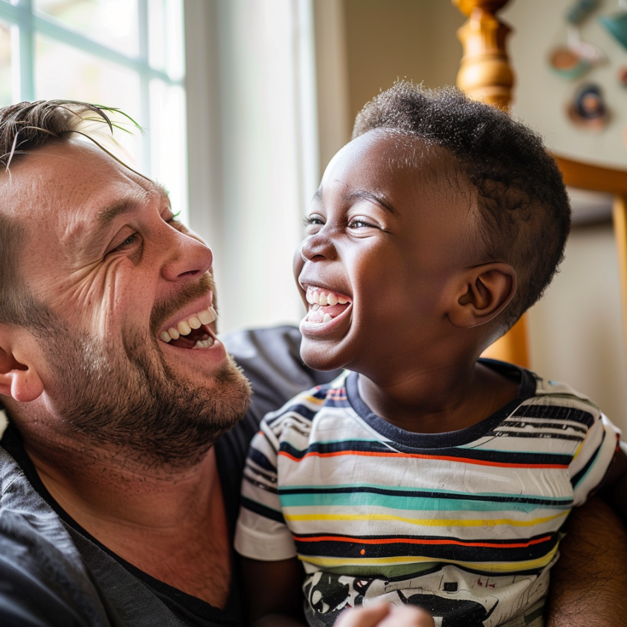 A white father laughing with his black foster son | Source: Midjourney
