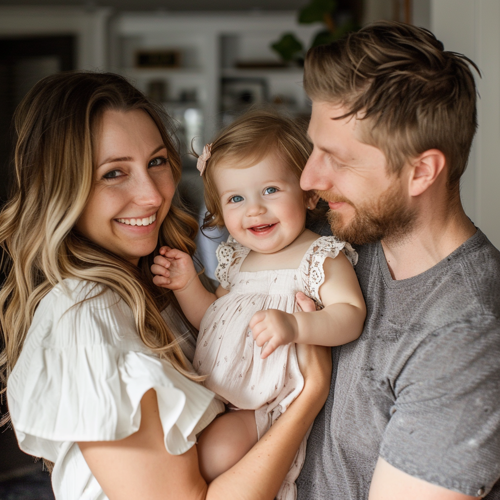 A couple holding their little daughter | Source: Midjourney