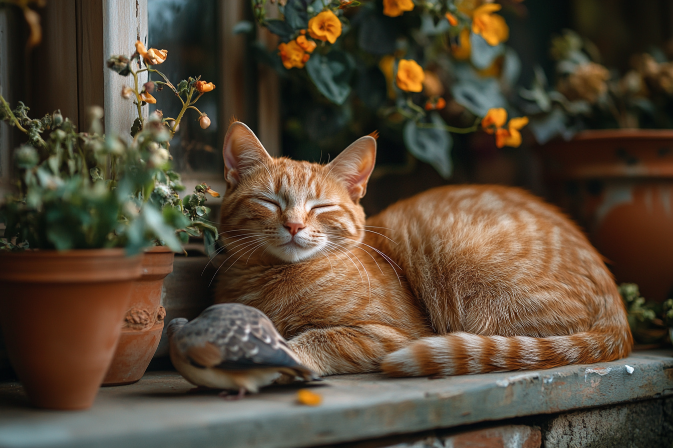 An orange tabby cat with a dead pigeon | Source: Midjourney