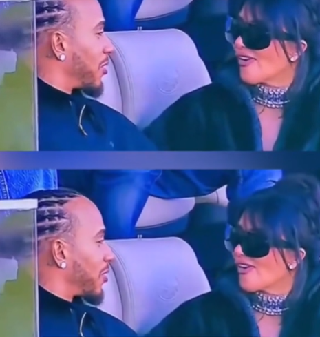 Kim Kardashian speaking to Lewis Hamilton during the Superbowl, from a video dated February 9, 2026. | Source: TikTok/hellomag
