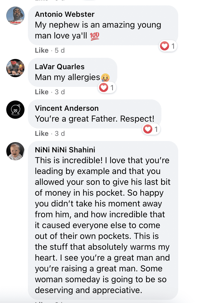 Des personnes laissant des commentaires émouvants sur le post de Smith sur les médias sociaux à propos du geste gentil de son fils. | Photo : facebook.com/therealjustice