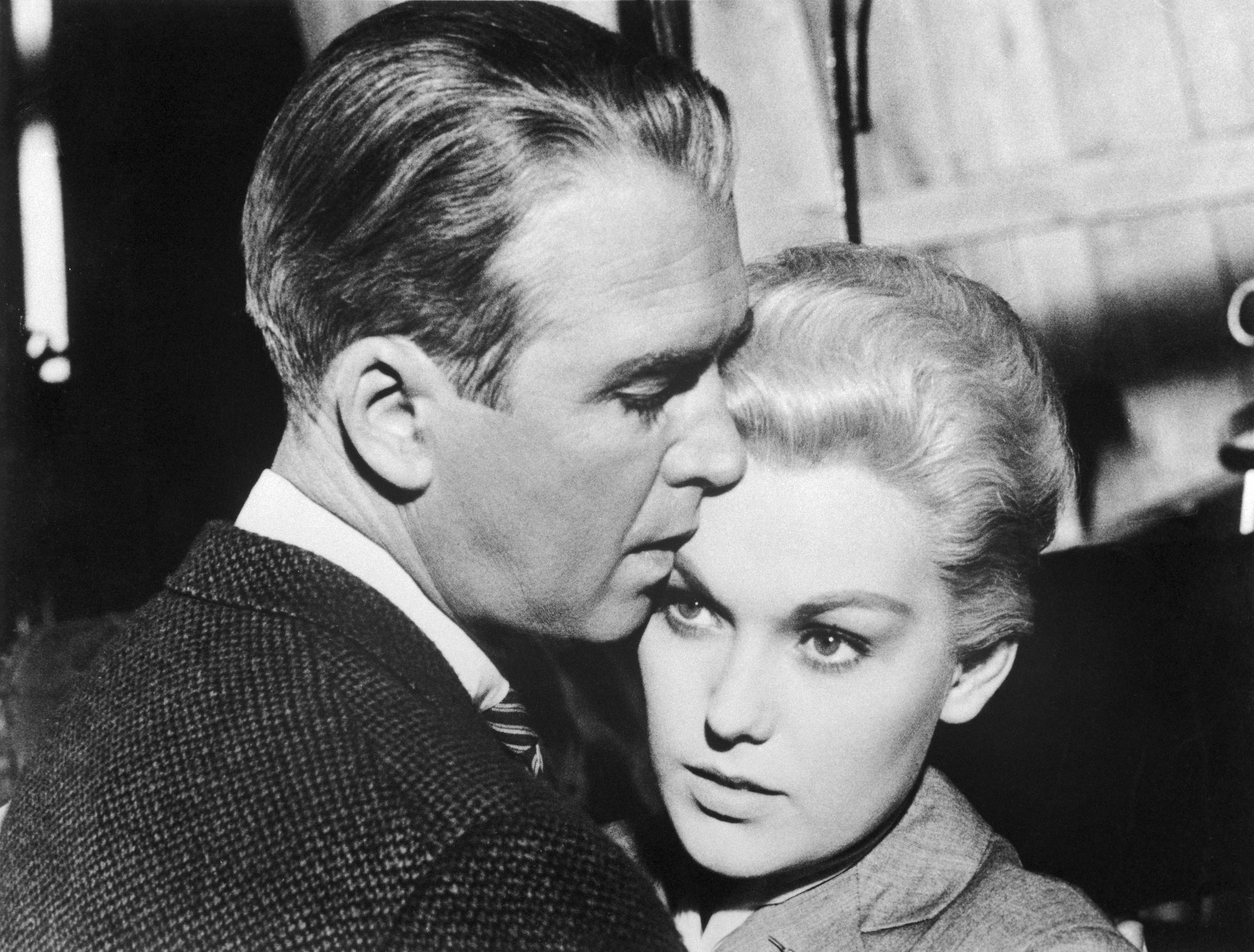 Jimmy Stewart and the famous actress filming "Vertigo," circa 1958. | Source: Getty Images