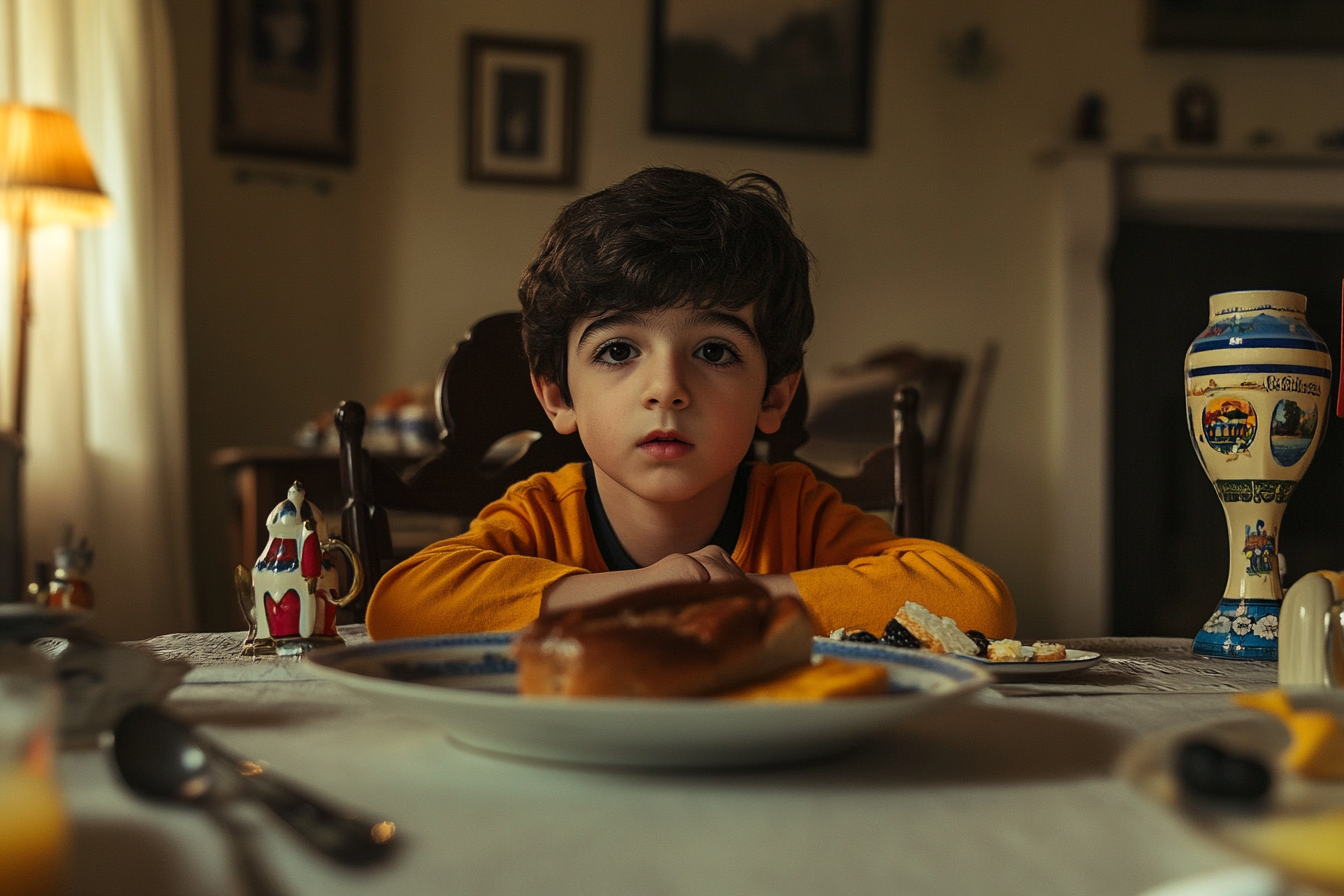 A boy seated at a dinner table | Source: Midjourney