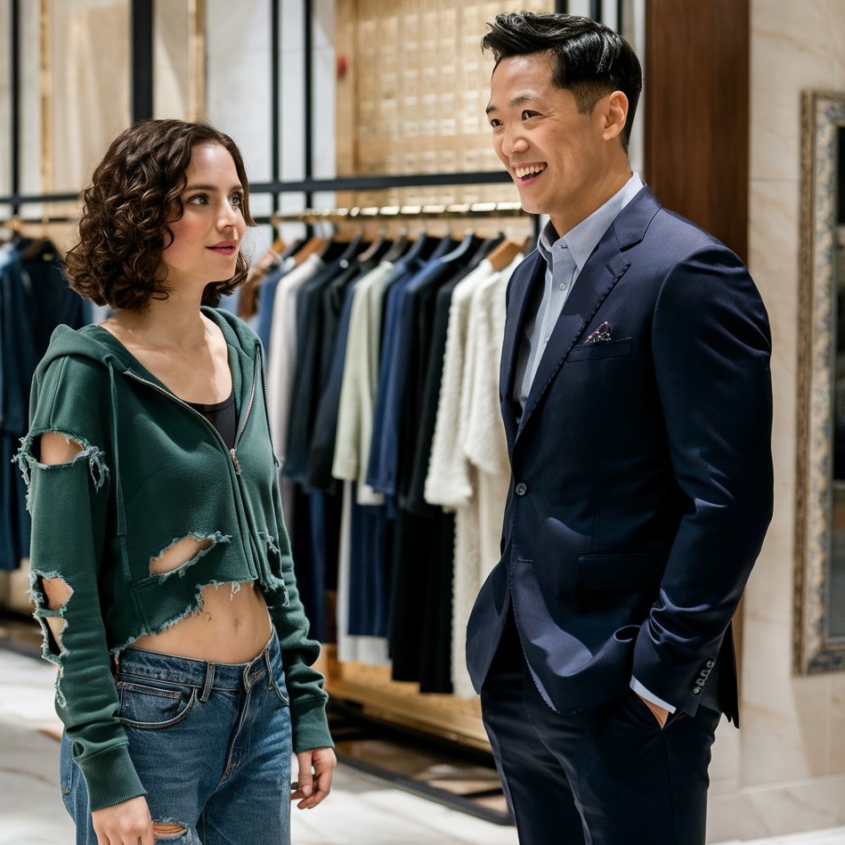 A woman addressing a man in a luxury retail store | Source: Midjourney