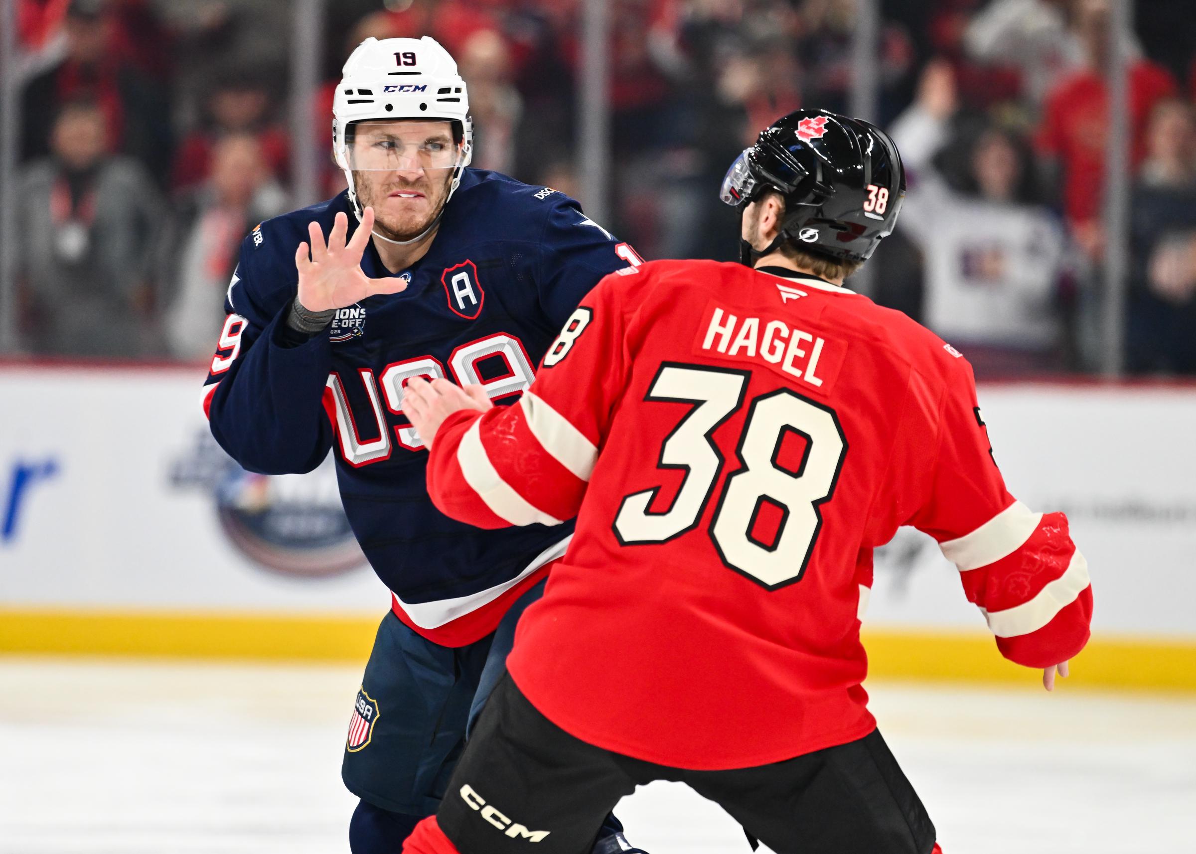 Matthew Tkachuk #19 of Team USA and Brandon Hagel #38 of Team Canada fight during the first period in the 2025 NHL 4 Nations Face-Off at the Bell Centre on February 15, 2025, in Montreal, Quebec, Canada | Source: Getty Images