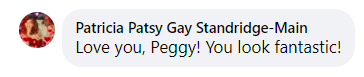 A comment talking about how much one fan loves Peggy and complimenting her on how she looks today posted on Facebook on April 6, 2023 | Source: Facebook.com/Jules Riddle