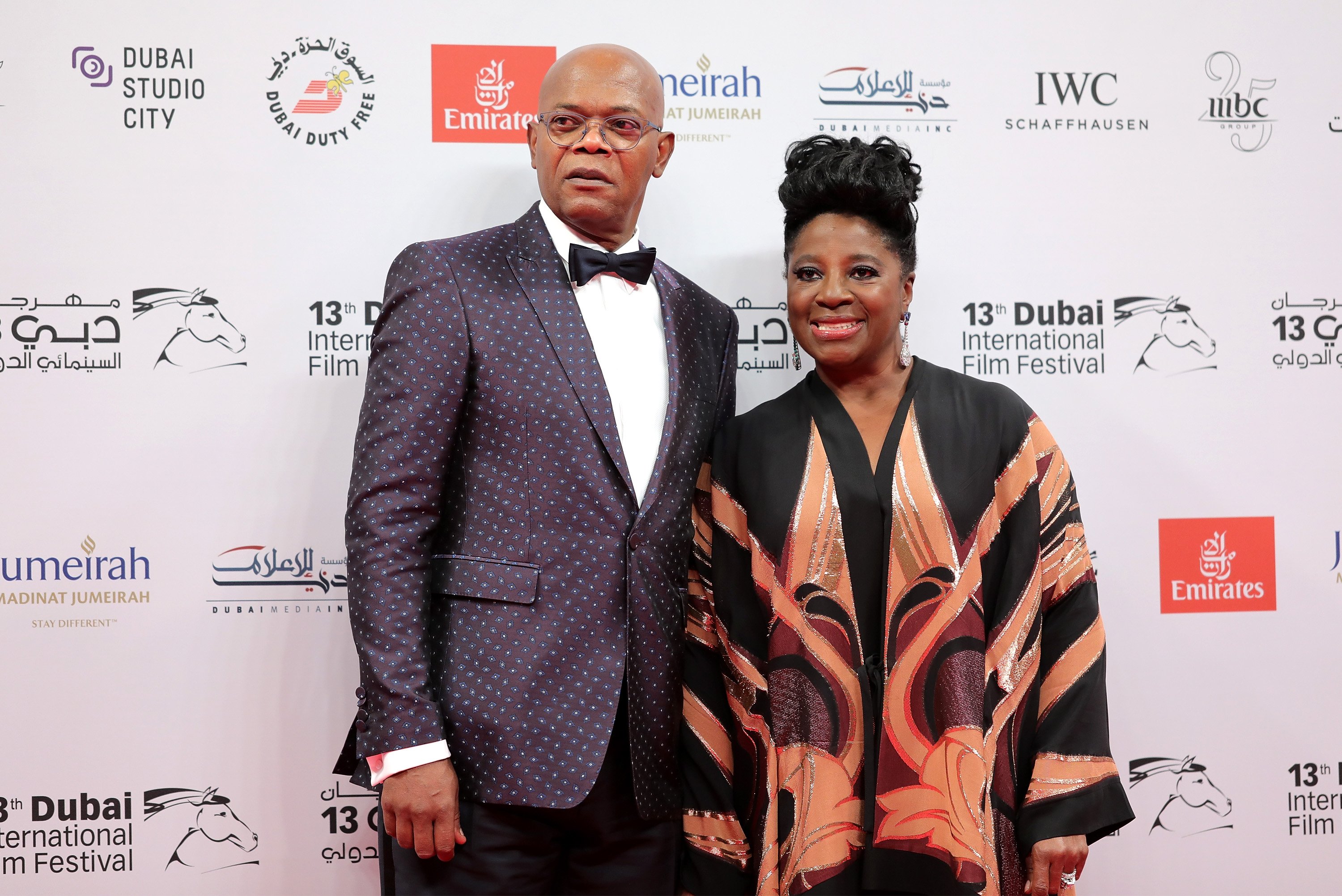 Samuel L Jackson with his wife LaTanya Richardson attend the 13th annual Dubai International Film Festival held at the Madinat Jumeriah Complex on December 7, 2016 in Dubai, United Arab Emirates. | Source: Getty Images.