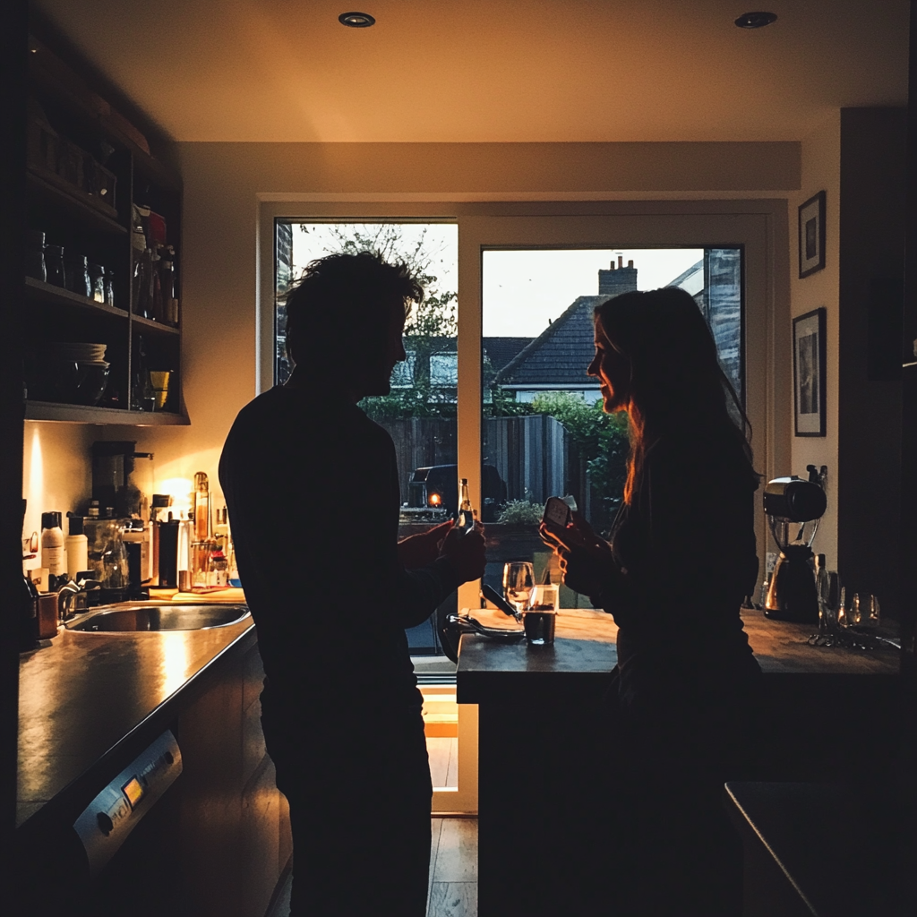 A couple talking in their kitchen | Source: Midjourney