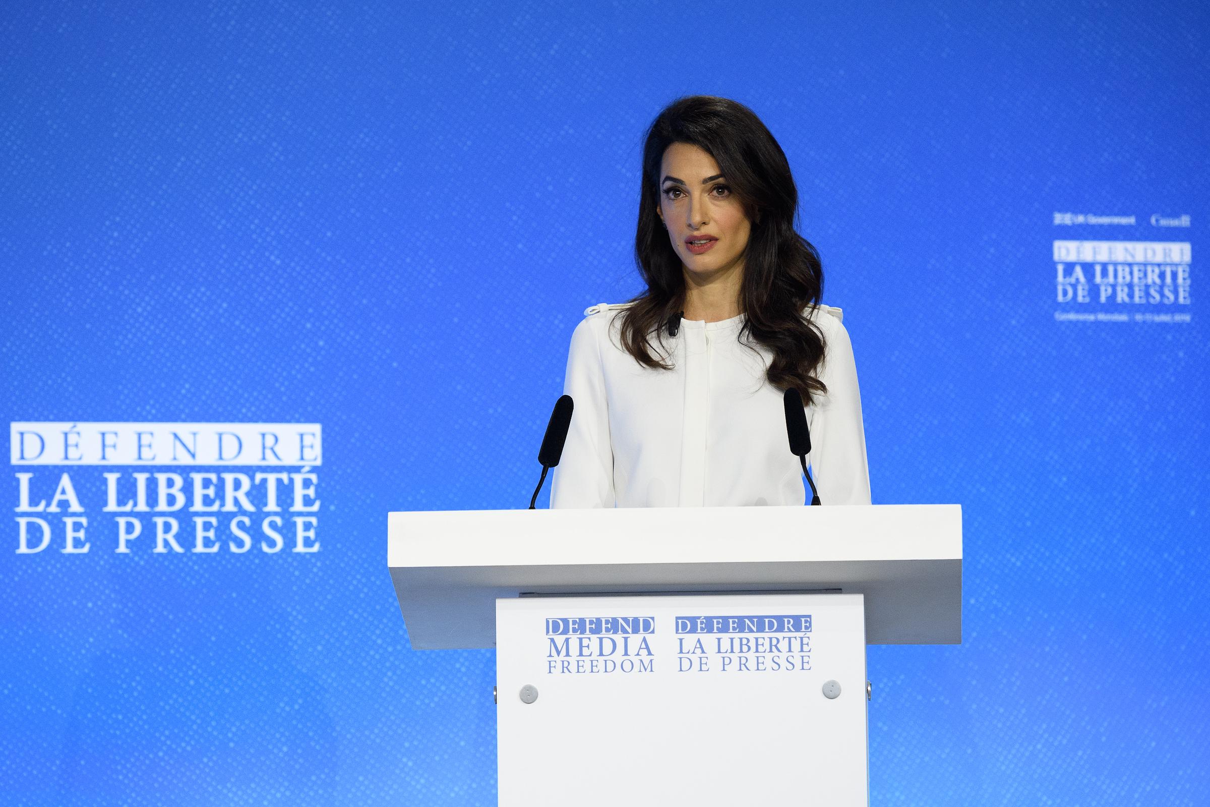 Amal Clooney speaks to delegates during day two of the Global Conference on Press Freedom on July 11, 2019 | Source: Getty Images