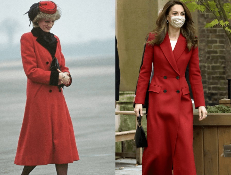 Diana de Gales luciendo un abrigo rojo en 1984 y Kate Middleton vistiendo un abrigo rojo en 2014. │Foto: Getty Images