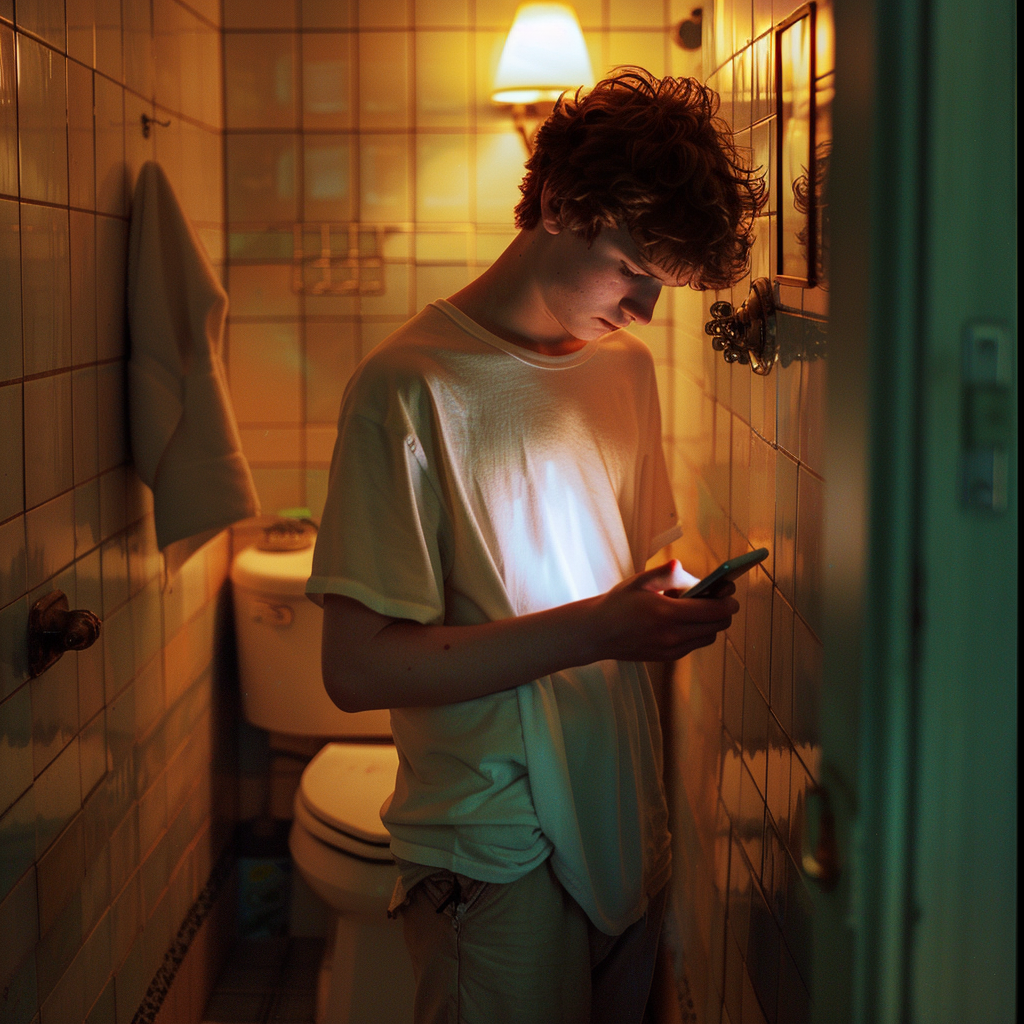 A teenager using his phone inside a toilet | Source: Midjourney