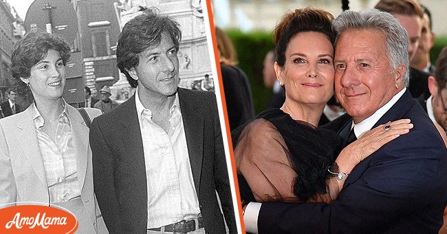 (L) American actor Dustin Hoffman with his wife Lisa Gottsegen arriving in Rome 1983. (R) Dustin Hoffman and his wife Lisa pose as they arrive for the amfAR's 24th Cinema Against AIDS Gala on May 25, 2017 at the Hotel du Cap-Eden-Roc in Cap d'Antibes, France | Photo: Getty Images