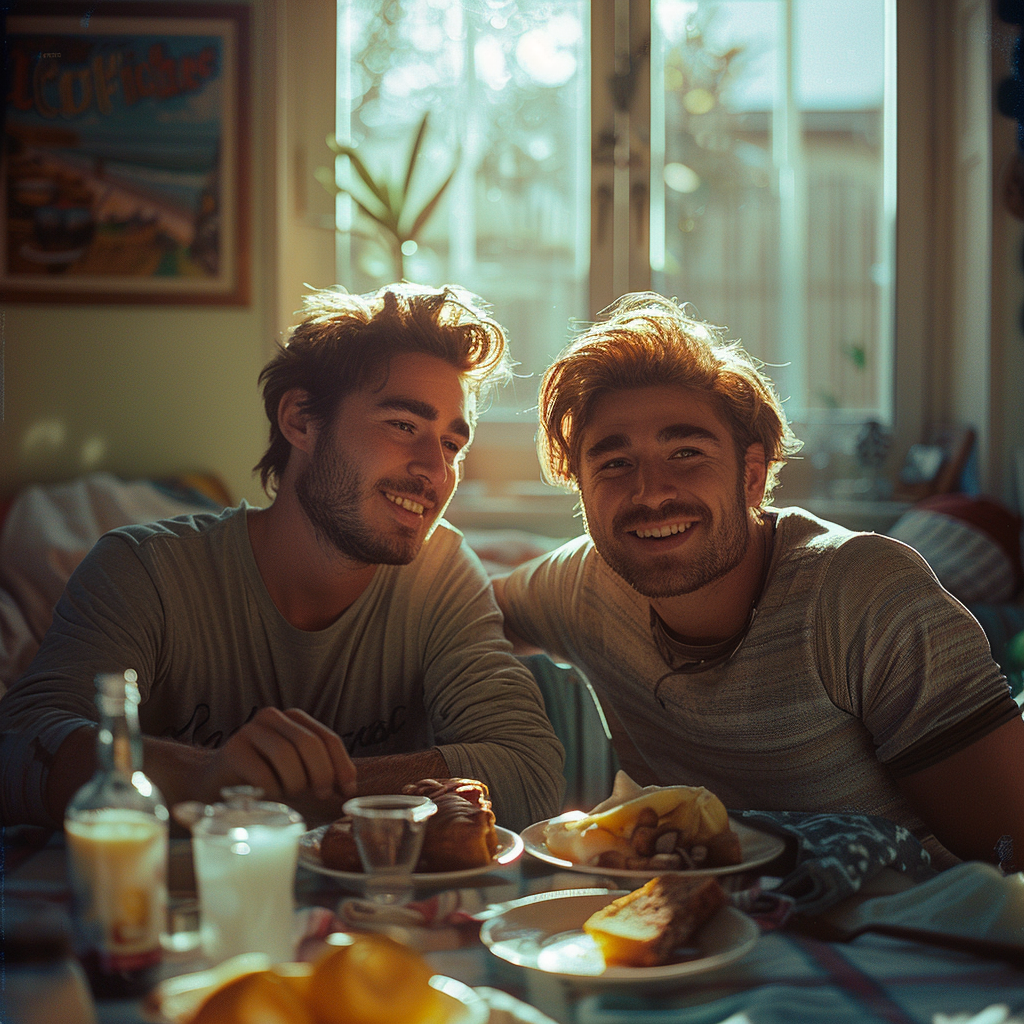 Twin brothers talking and having a good time at the breakfast table | Source: Midjourney