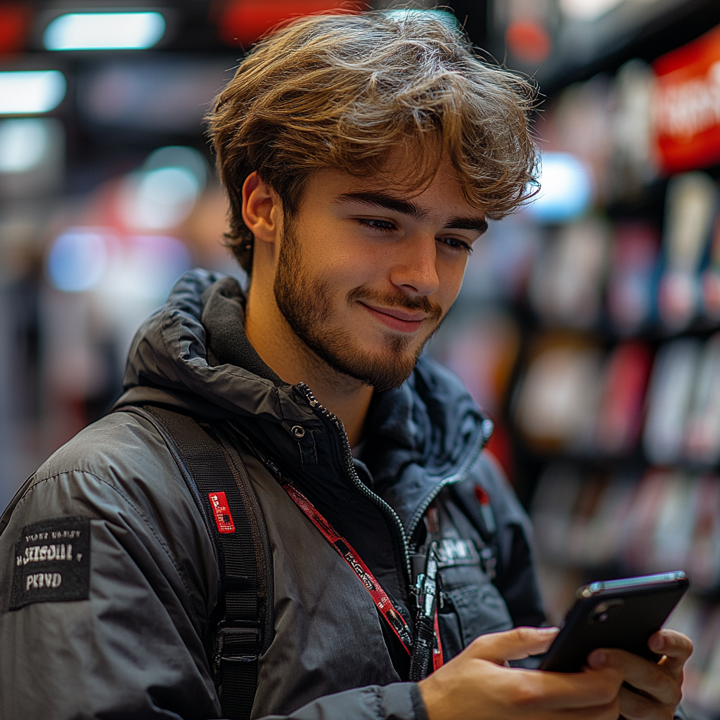 A man smiling at a photo | Source: Midjourney