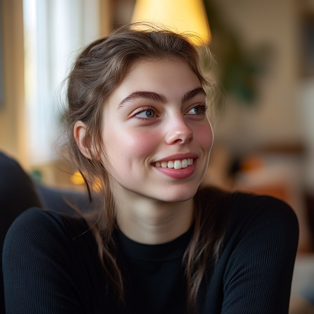 A woman smiles while looking at someone | Source: Midjourney