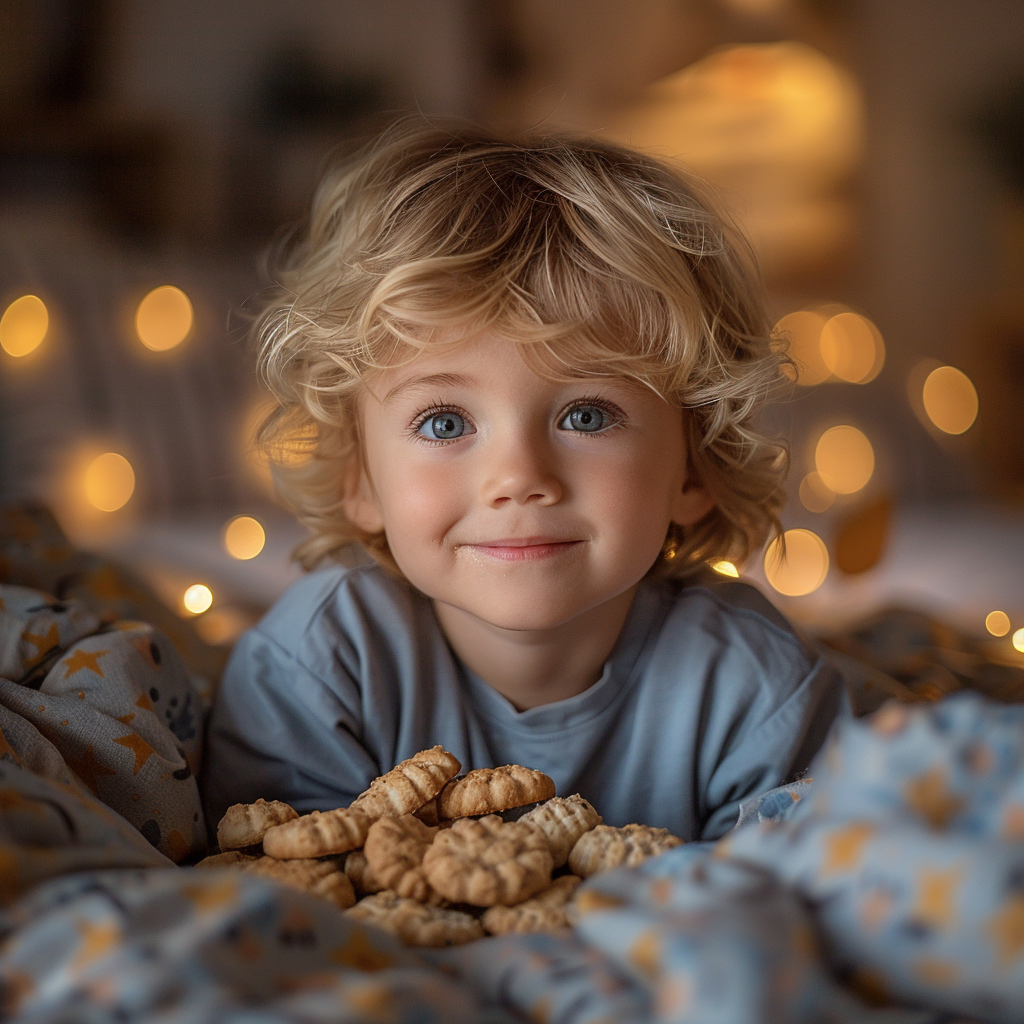 Gage with cookies in his bed | Source: Midjourney