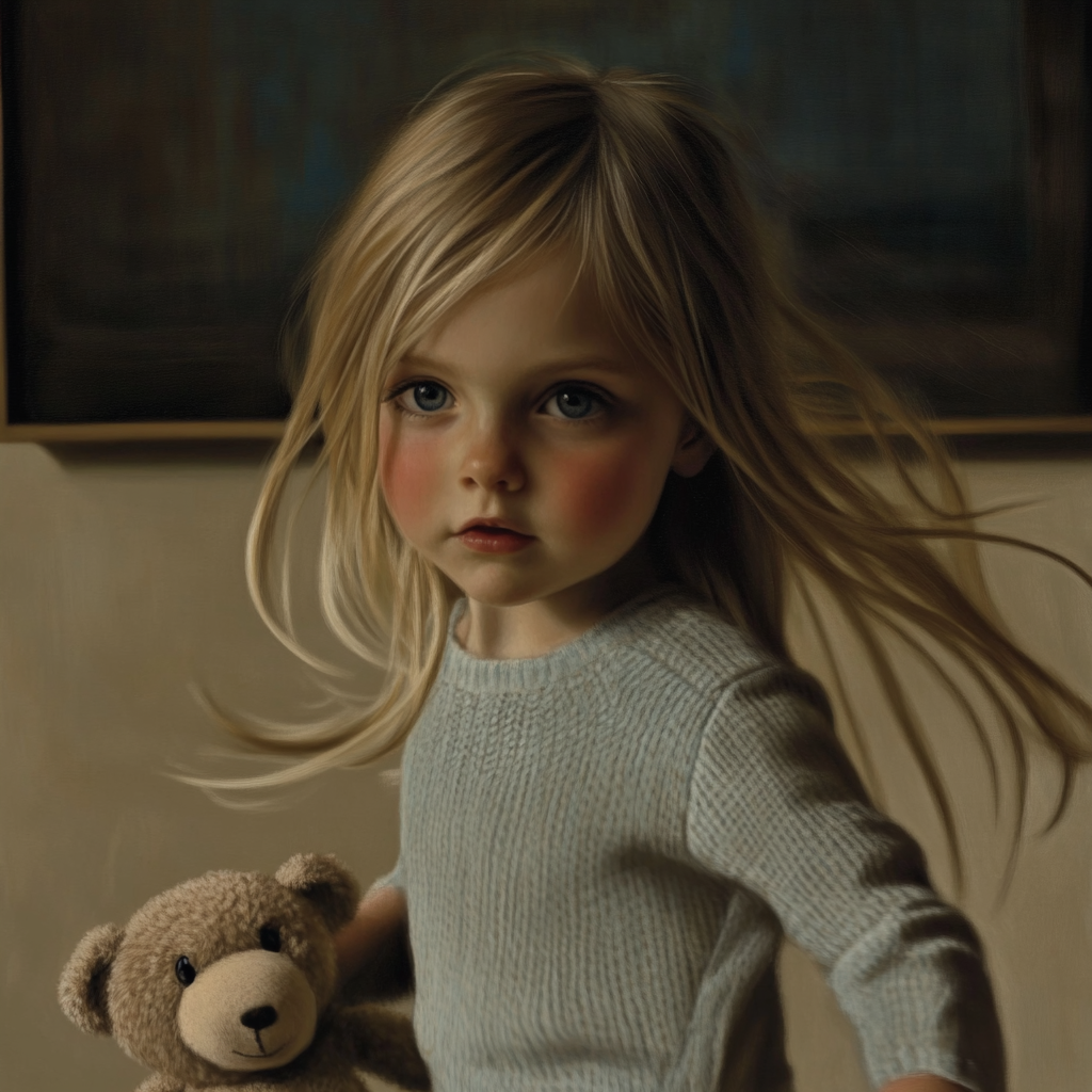 A little girl holding her teddy bear and running | Source: Midjourney