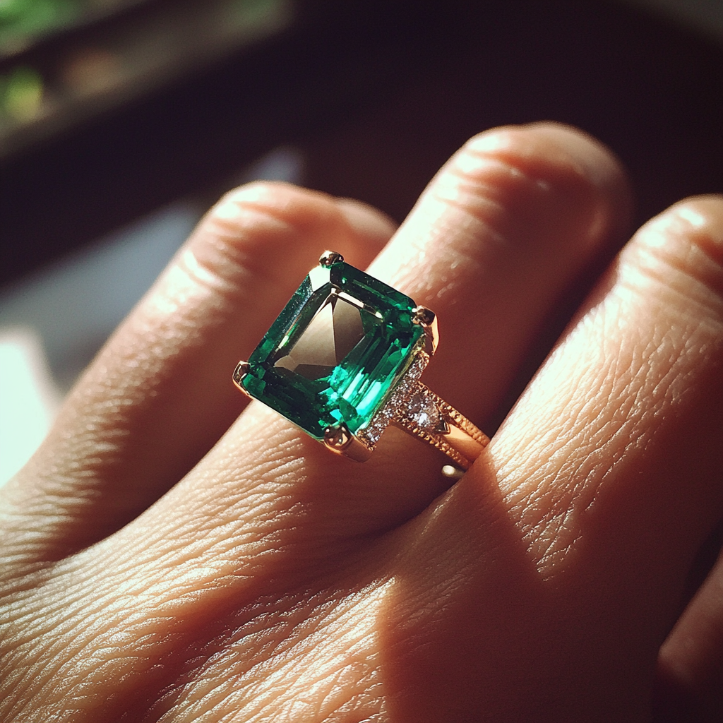 An emerald ring on a woman's hand | Source: Midjourney