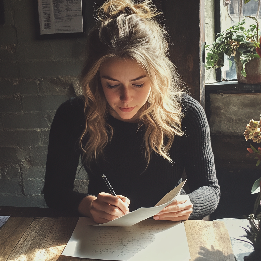 A woman writing a letter | Source: Midjourney
