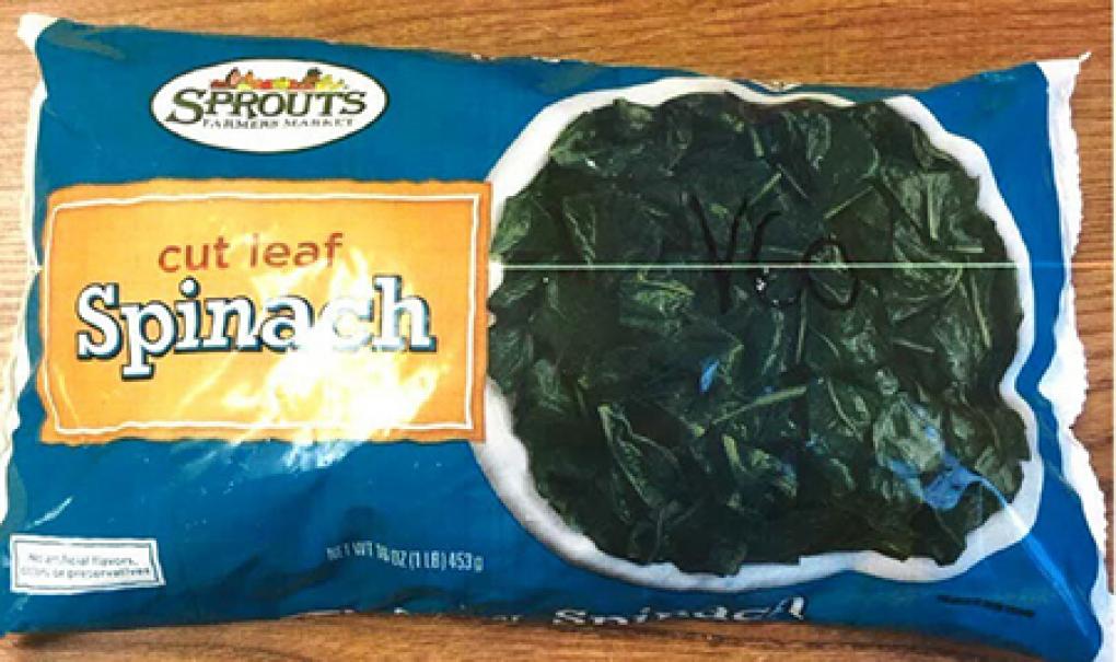 The front of the 16oz packets of Spouts Cut Leaf Spinach. Photo: FDA.