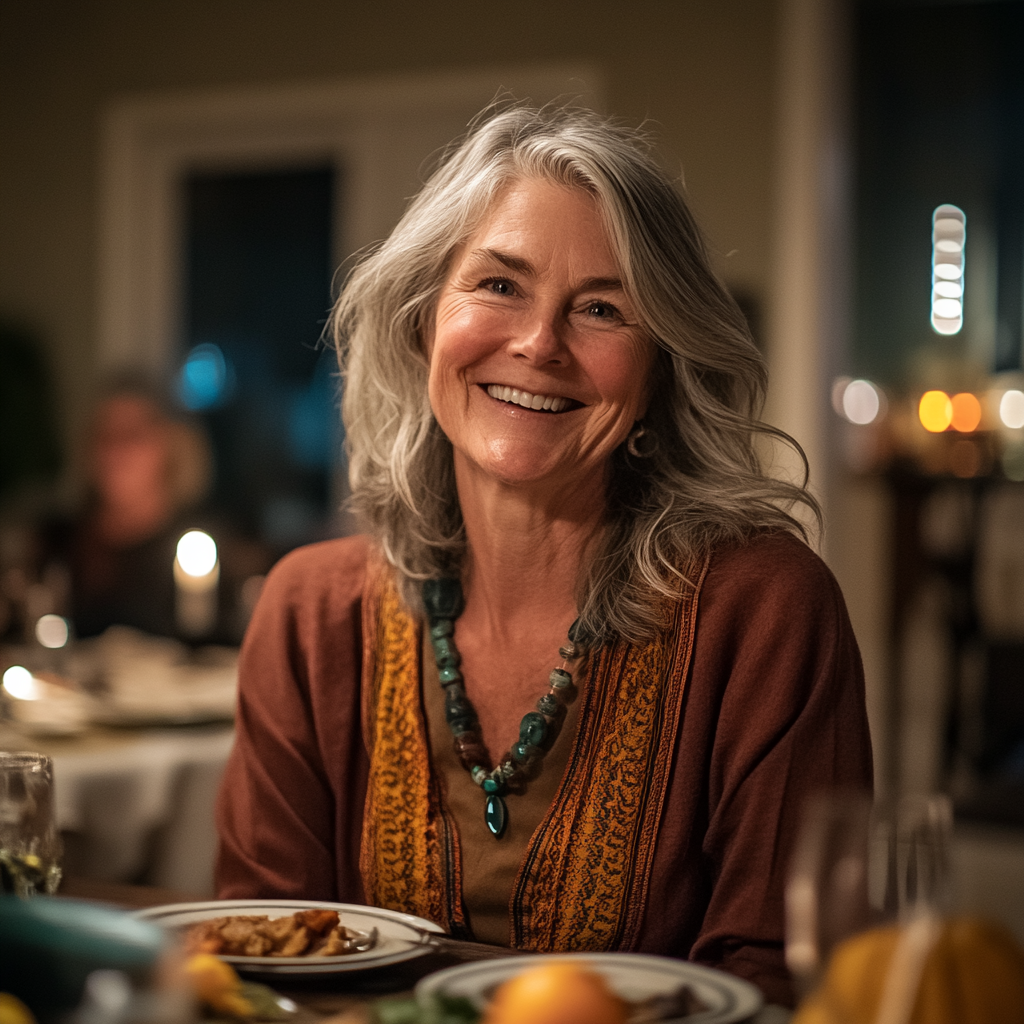 A senior woman smiles during Thanksgiving family dinner | Source: Midjourney