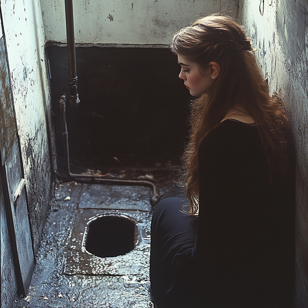 A woman looking at the open latch in her basement | Source: Midjourney