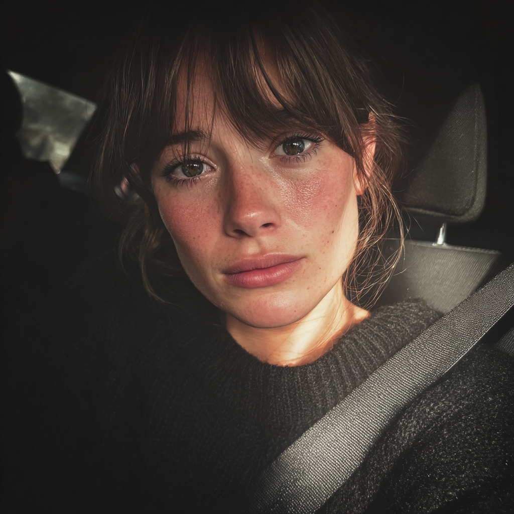 An emotional woman sitting in a car | Source: Midjourney