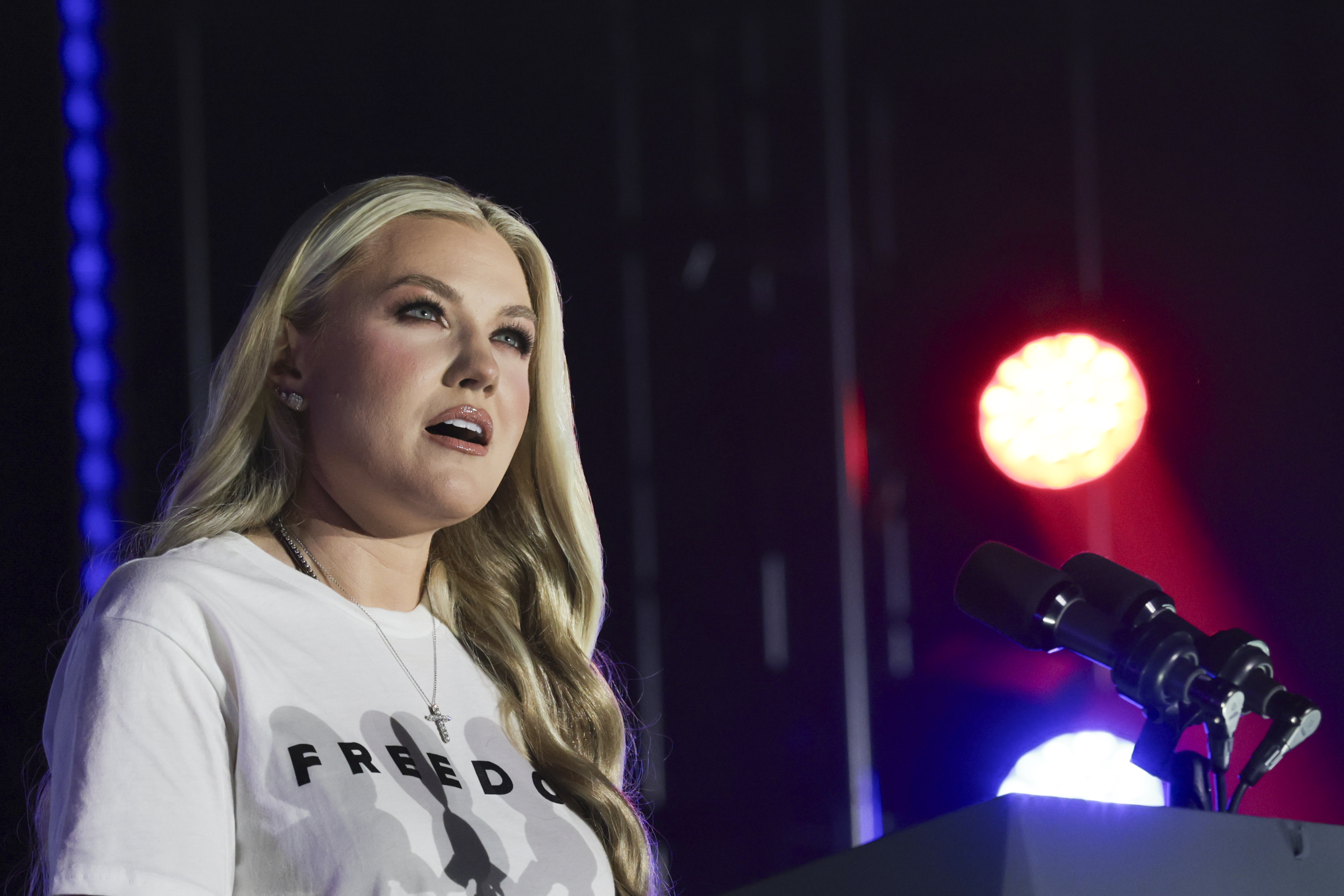 Erika Kirk speaking on stage at the University of Mississippi. | Source: Getty Images