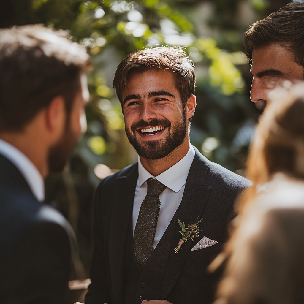 Dan bonding happily with friends at his wedding | Source: Midjourney