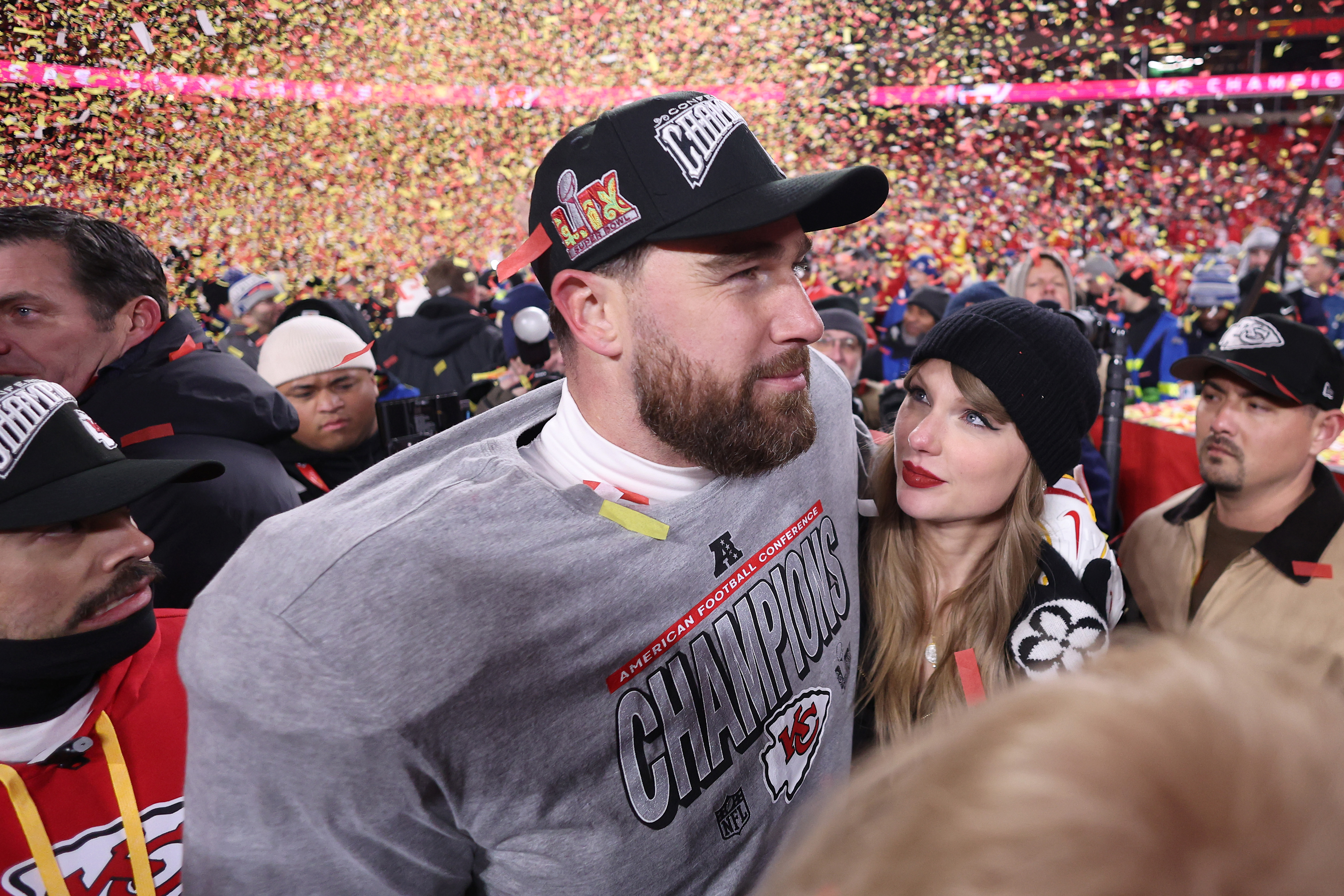 Taylor Swift celebrates with Travis Kelce #87 of the Kansas City Chiefs after defeating the Buffalo Bills 32-29 in the AFC Championship Game at GEHA Field at Arrowhead Stadium on January 26, 2025, in Kansas City, Missouri | Source: Getty Images