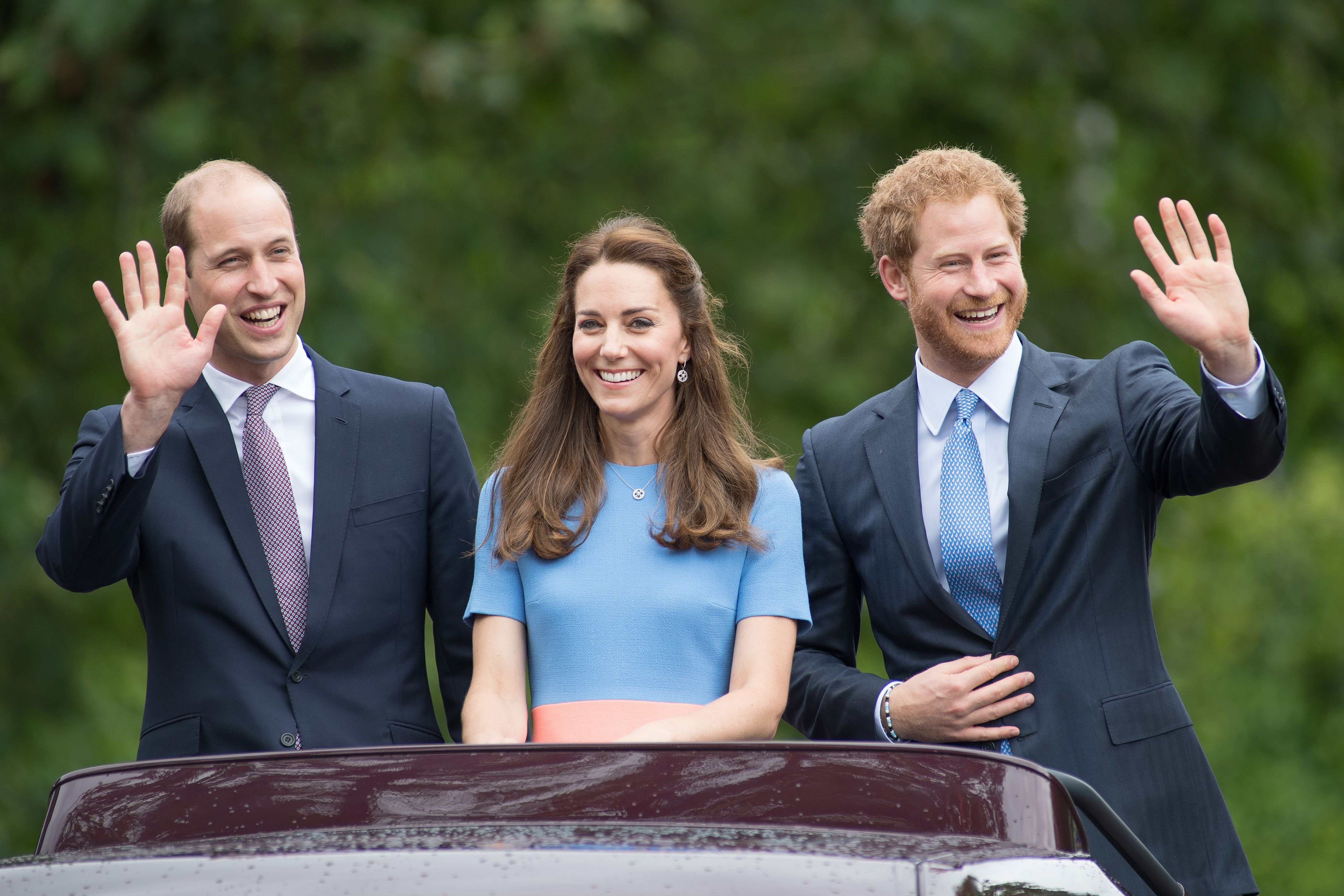 (L-R) Prince William, Duke of Cambridge, Catherine, Duchess of Cambridge and Prince Harry during "The Patron's Lunch" celebrations for The Queen's 90th birthday at The Mall on June 12, 2016 in London, England. | Source: Getty Images