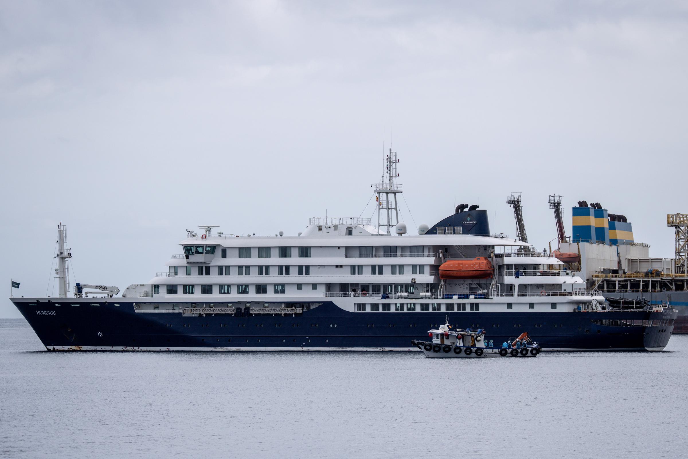 Cruise ship MV Hondius stationary off the port of Praia, the capital of Cape Verde, on May 5, 2026. | Source: Getty Images