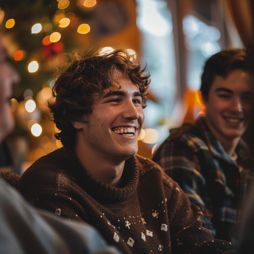 A young man laughs during a Christmas gathering | Source: Midjourney