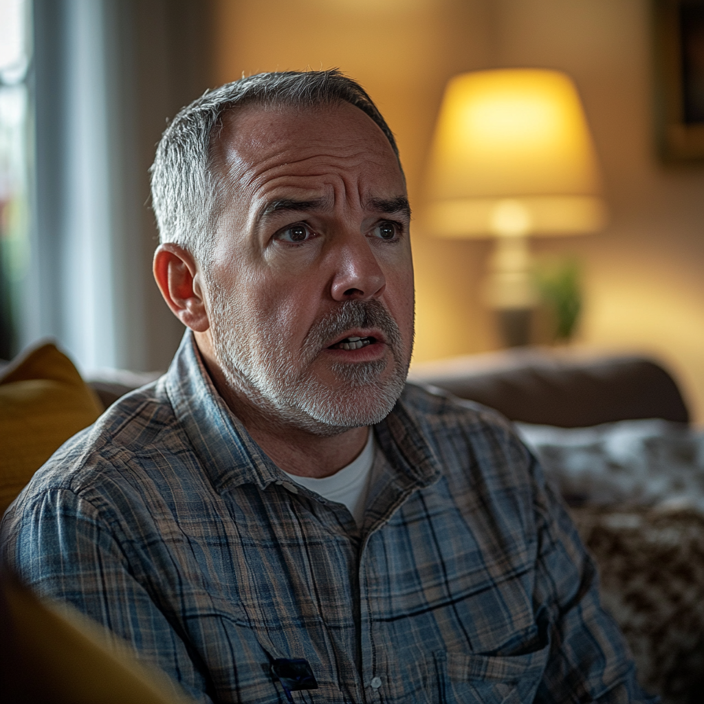 A middle-aged man looks concerned while talking to someone at home | Source: Midjourney