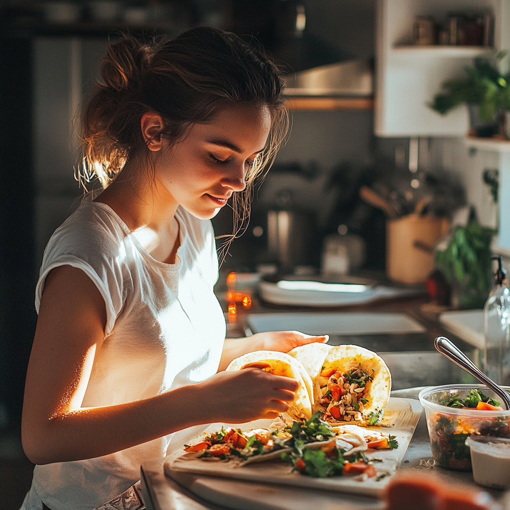 A young woman making tacos | Source: Midjourney