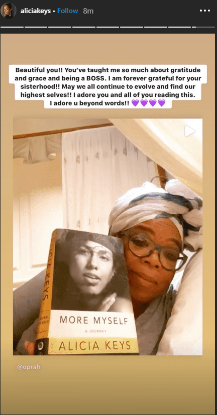 A screenshot of Alicia Keys’ message to Oprah Winfrey after her endorsement. | Source: Instagram.com/stories/aliciakeys