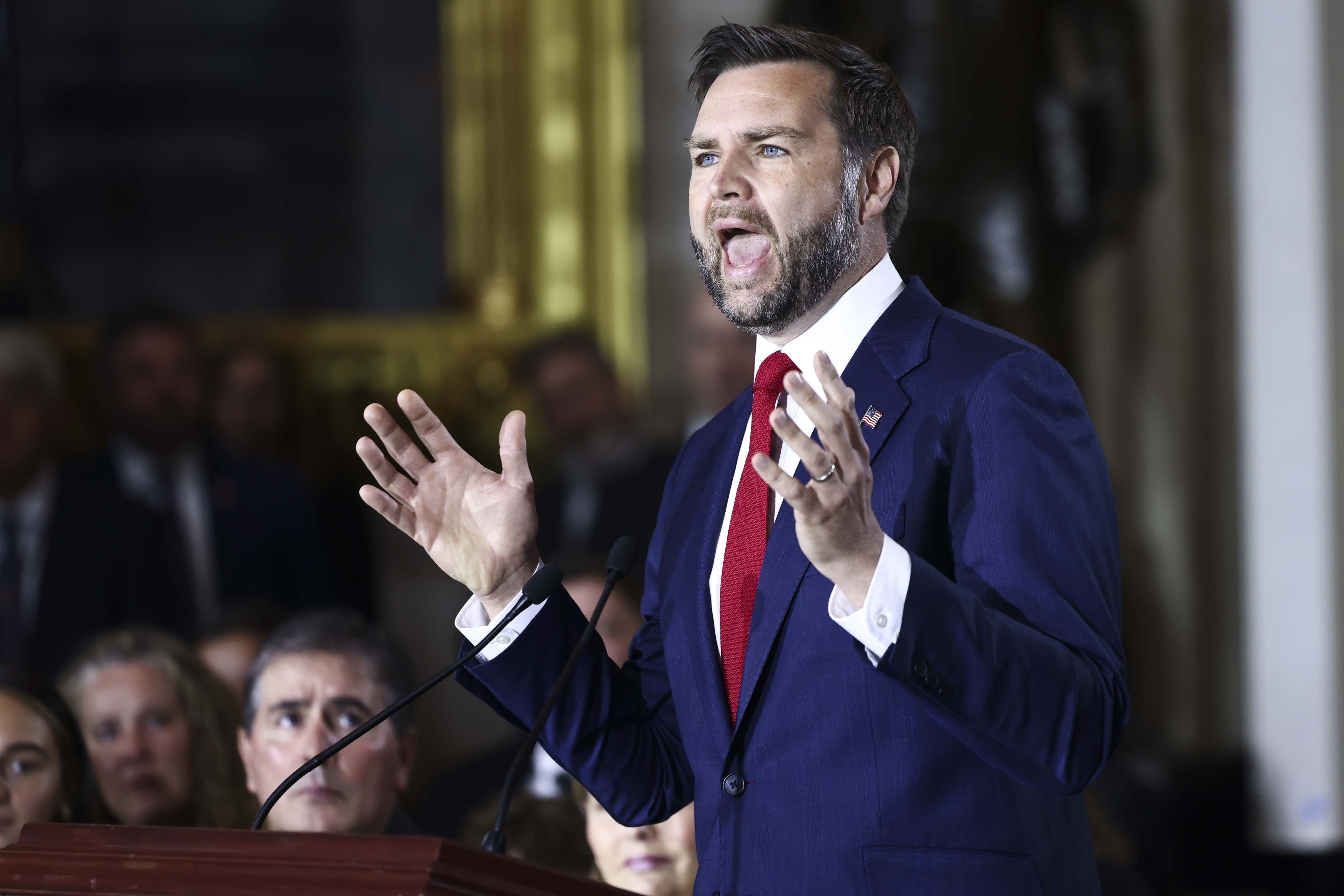 Lindsey Graham showed that he could disagree with him on some issues while offering firm support on others. In this photo, Vice President JD Vance spoke during a congressional tribute in the Rotunda of the U.S. Capitol on July 28, 2026, in Washington, D.C. | Source: Getty Images
