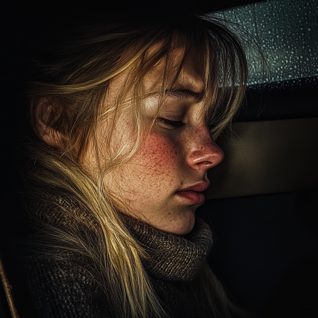 A young woman in pain in the backseat of the car | Source: Midjourney