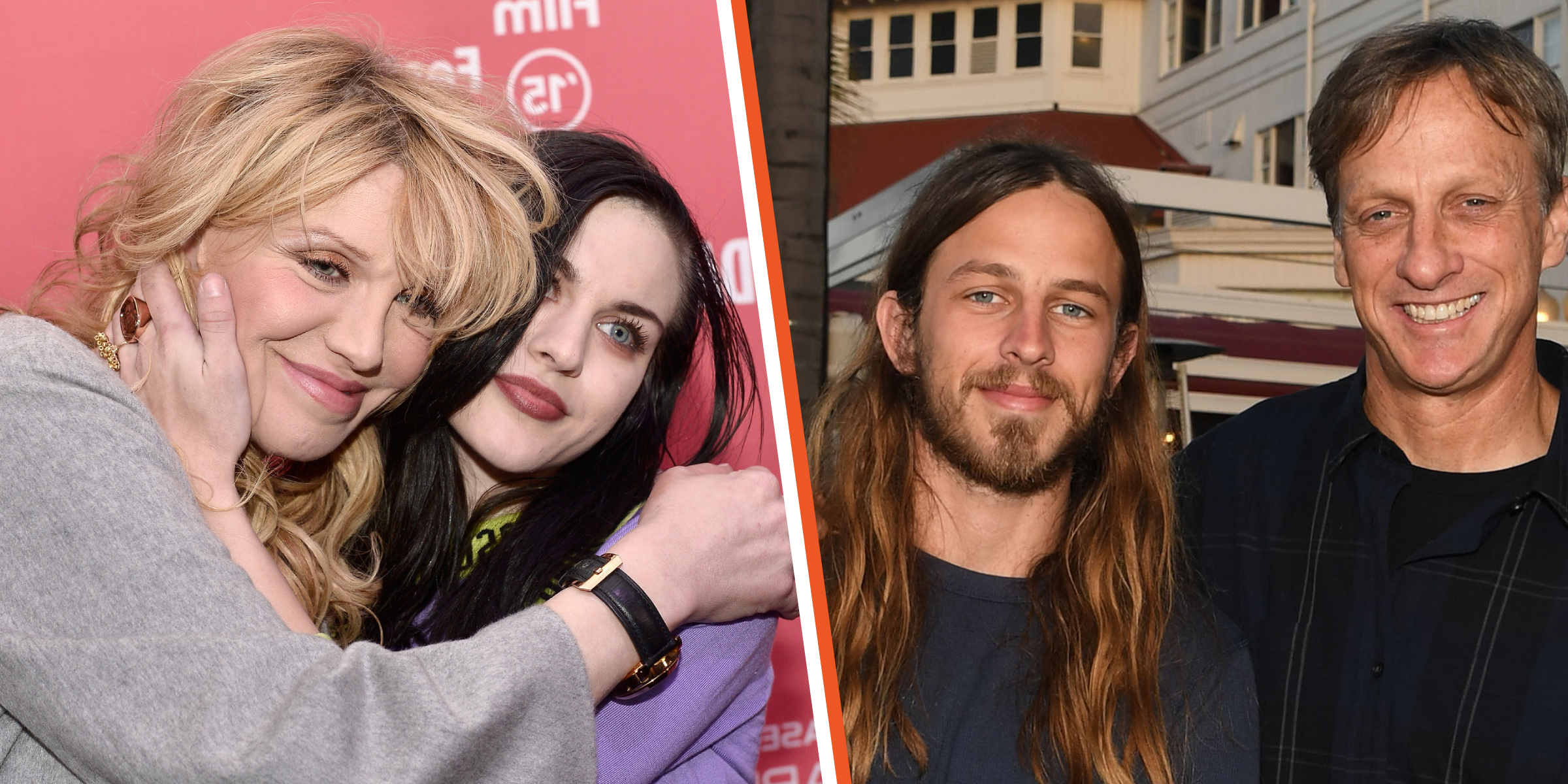 Frances Bean and her mother Courtney Love | Riley Hawk and his father Tony Hawk | Source: Getty Images