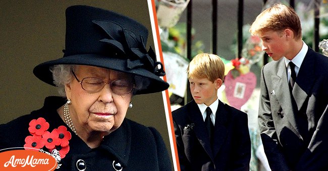 Queen Elizabeth attends the National Service of Remembrance in 2020 [Left] Prince Harry and Prince William outside Kensington Palace looking at tributes for their late mother, 1997 [Right] | Photo: Getty Images 